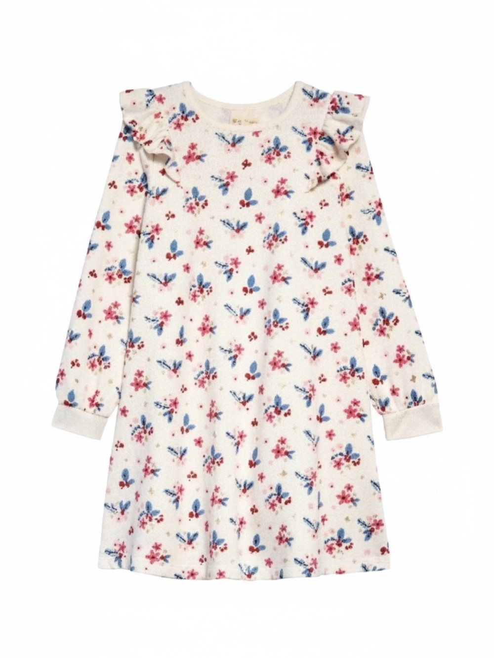 Tucker + Tate Ivory Holly Floral Fleece Ruffle Shoulder Christmas Dress Girls 7